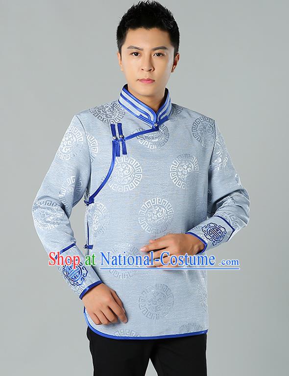 Chinese Mongol Nationality Upper Outer Garment Traditional Ethnic Minority Costume Grey Jacket for Men