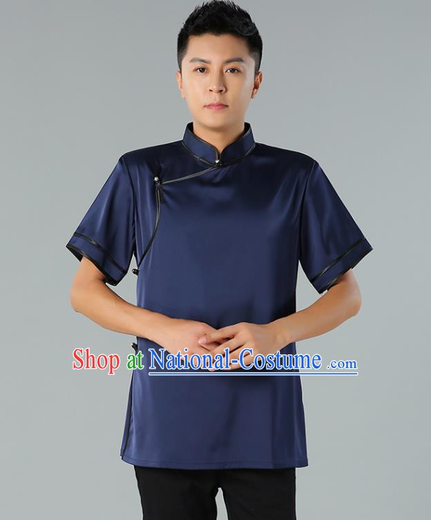 Chinese Mongol Nationality Minority Summer Navy Shirt Traditional Ethnic Upper Outer Garment Informal Costume for Men