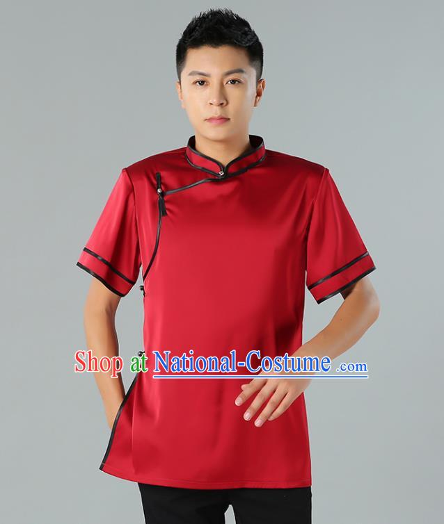 Chinese Mongol Nationality Minority Summer Red Shirt Traditional Ethnic Upper Outer Garment Informal Costume for Men