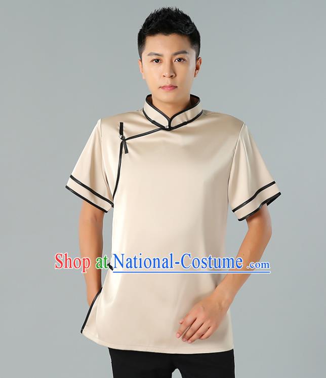 Chinese Mongol Nationality Minority Summer Champagne Shirt Traditional Ethnic Upper Outer Garment Informal Costume for Men