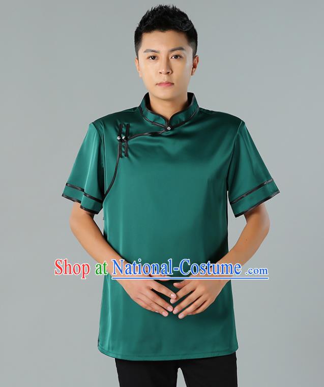 Chinese Mongol Nationality Minority Summer Green Shirt Traditional Ethnic Upper Outer Garment Informal Costume for Men