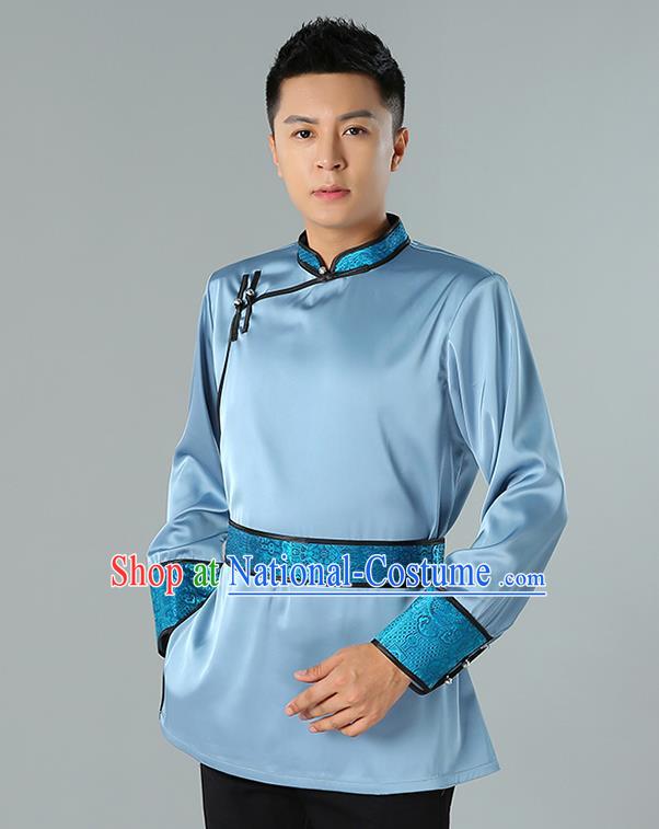 Chinese National Blue Shirt Traditional Ethnic Upper Outer Garment Mongol Minority Informal Costume for Men