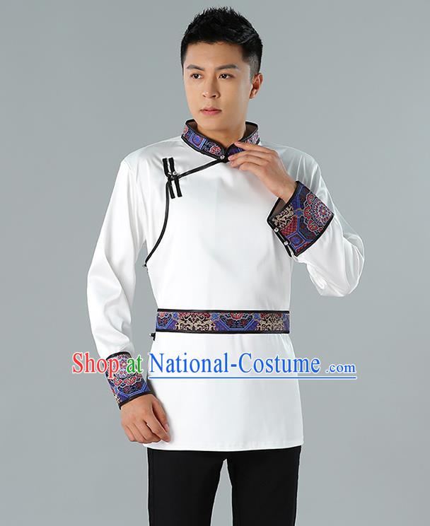 Chinese National White Shirt Traditional Ethnic Upper Outer Garment Mongol Minority Informal Costume for Men