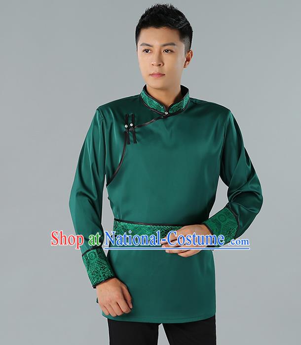 Chinese National Green Shirt Traditional Ethnic Upper Outer Garment Mongol Minority Informal Costume for Men