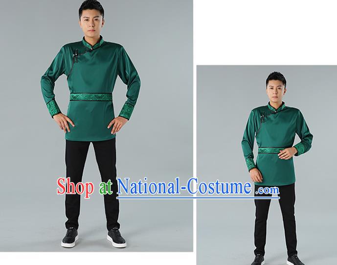 Chinese National Green Shirt Traditional Ethnic Upper Outer Garment Mongol Minority Informal Costume for Men