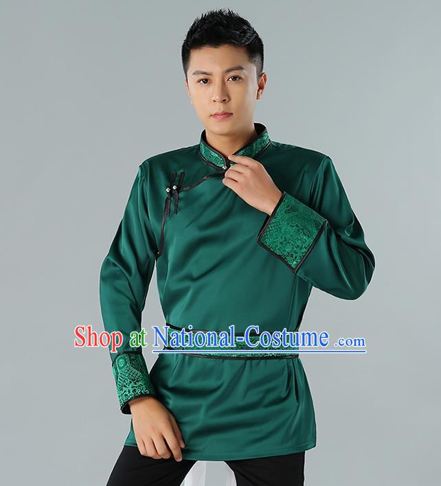 Chinese National Green Shirt Traditional Ethnic Upper Outer Garment Mongol Minority Informal Costume for Men