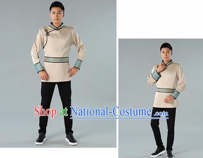 Chinese National Champagne Shirt Traditional Ethnic Upper Outer Garment Mongol Minority Informal Costume for Men