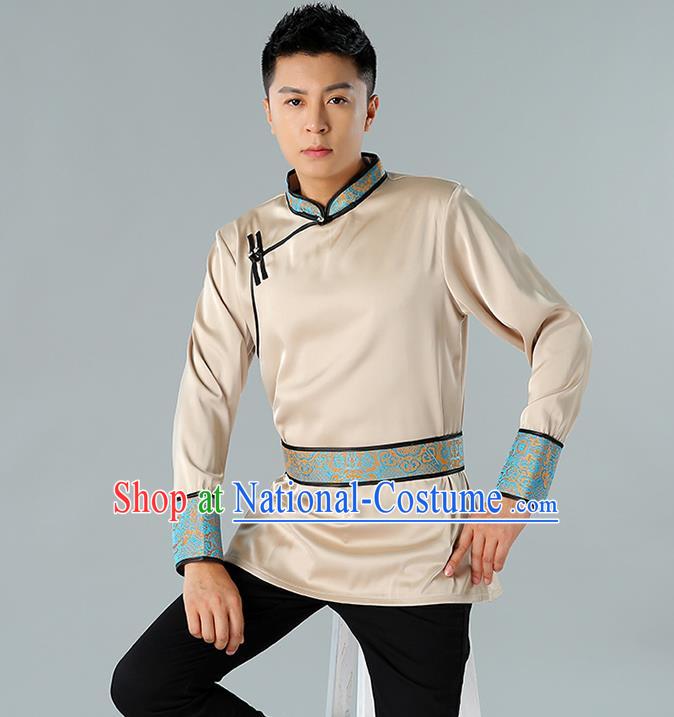 Chinese National Champagne Shirt Traditional Ethnic Upper Outer Garment Mongol Minority Informal Costume for Men