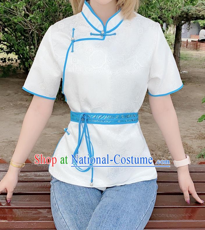 Chinese Mongol Ethnic White Brocade Blouse Traditional Mongolian Minority Female Garment Shirt Costume