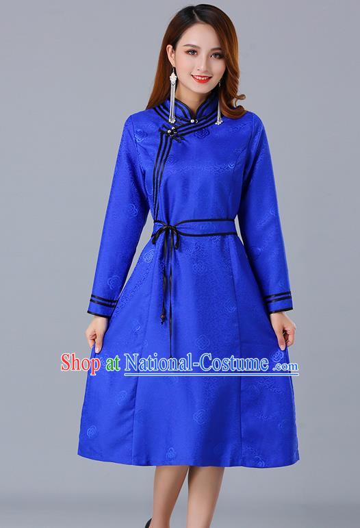 Chinese Traditional Mongol Ethnic Royalblue Brocade Dress Costume Mongolian Minority Woman Informal Garment