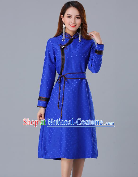 Chinese Traditional Mongol Costume Mongolian Minority Woman Informal Garment Ethnic Royalblue Brocade Dress