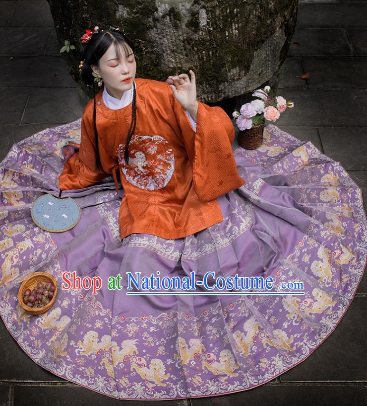 Chinese Traditional Ming Dynasty Hanfu Garment Ancient Empress Costumes Red Blouse and Lilac Skirt Full Set