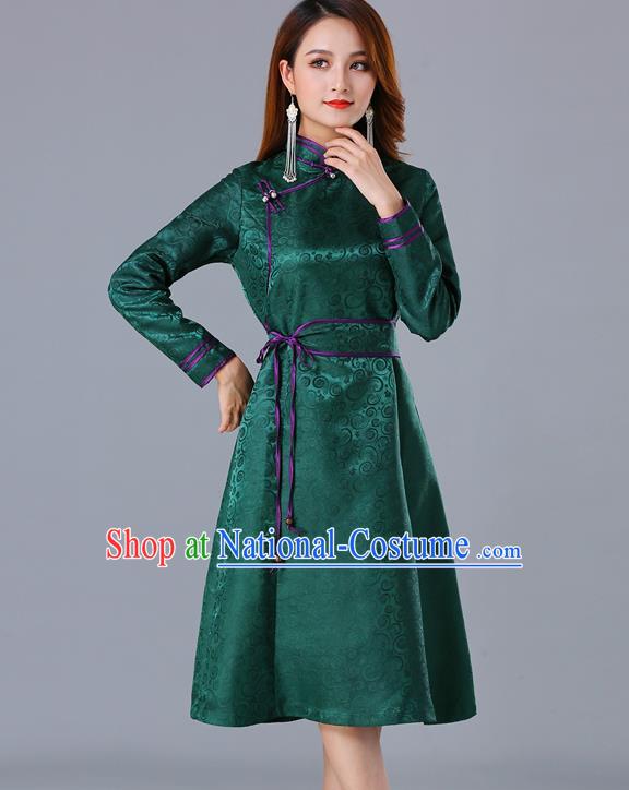 Chinese Traditional Mongol Ethnic Woman Informal Costume Mongolian Minority Garment Green Brocade Dress