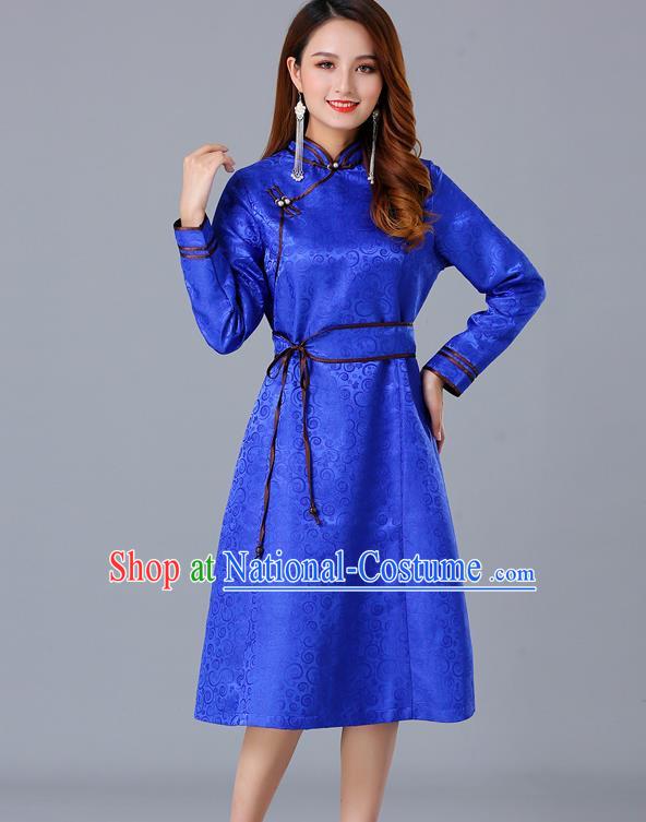 Chinese Traditional Mongol Ethnic Woman Informal Costume Mongolian Minority Garment Royalblue Brocade Dress