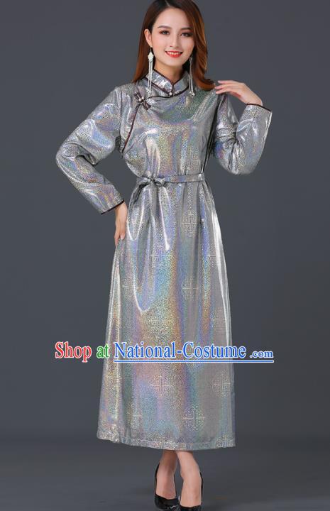 Chinese Traditional Mongolian Grey Dress Ethnic Woman Informal Costume Mongol Minority Garment