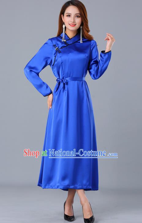 Chinese Traditional Mongolian Nationality Royalblue Satin Dress Ethnic Woman Informal Costume Mongol Minority Garment Apparels