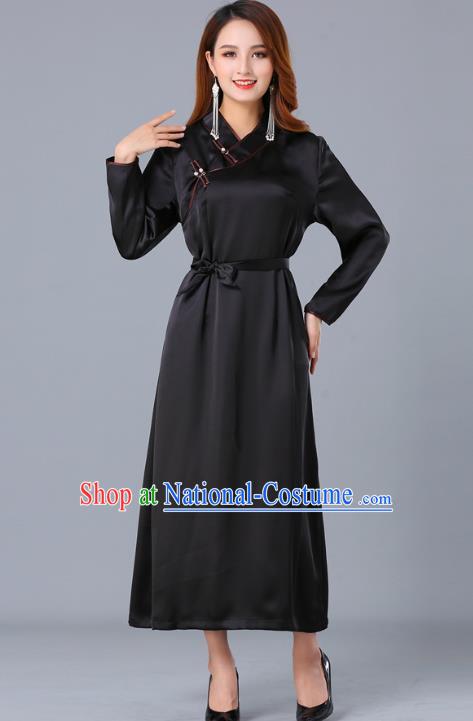 Chinese Traditional Mongolian Nationality Black Satin Dress Ethnic Woman Informal Costume Mongol Minority Garment Apparels