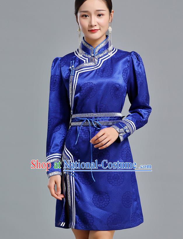 Traditional Chinese Mongolian Nationality Royalblue Brocade Short Dress Ethnic Informal Costume Mongol Minority Garment Woman Apparels