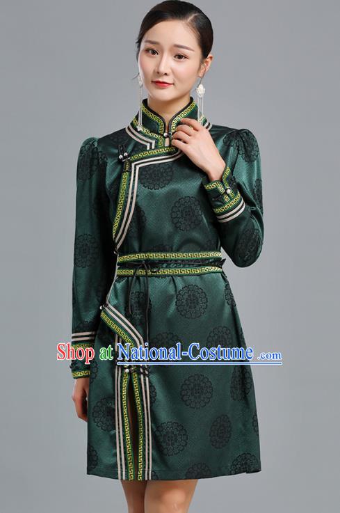 Traditional Chinese Mongolian Nationality Green Brocade Short Dress Ethnic Informal Costume Mongol Minority Garment Woman Apparels