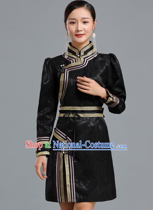 Traditional Chinese Mongolian Nationality Black Brocade Short Dress Ethnic Informal Costume Mongol Minority Garment Woman Apparels