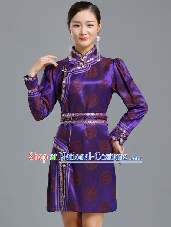 Traditional Chinese Mongolian Nationality Purple Brocade Short Dress Ethnic Informal Costume Mongol Minority Garment Woman Apparels