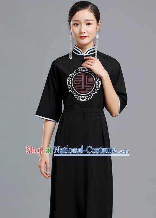 Traditional Chinese Woman Apparels Mongolian Nationality Black Dress Ethnic Informal Costume Mongol Minority Garment