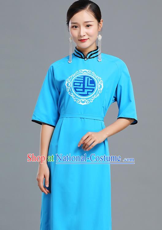 Traditional Chinese Woman Apparels Mongolian Nationality Blue Dress Ethnic Informal Costume Mongol Minority Garment