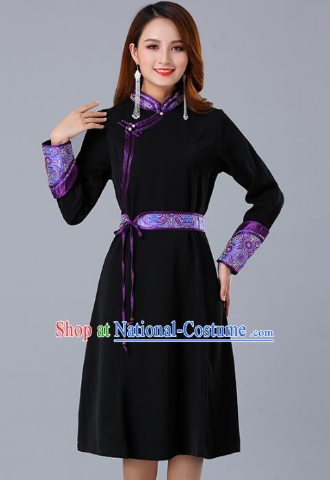 Traditional Chinese Woman Apparels Mongolian Nationality Black Dress Mongol Minority Garment Ethnic Informal Costume