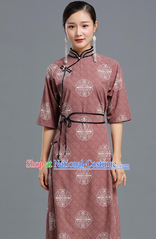 Traditional Chinese Ethnic Informal Costume Woman Apparels Mongol Minority Garment Mongolian Nationality Wine Red Dress