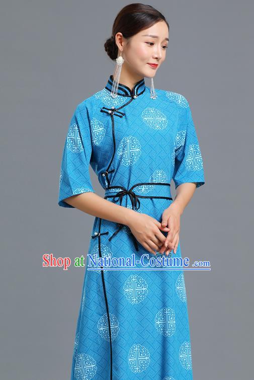 Traditional Chinese Ethnic Informal Costume Woman Apparels Mongol Minority Garment Mongolian Nationality Blue Dress