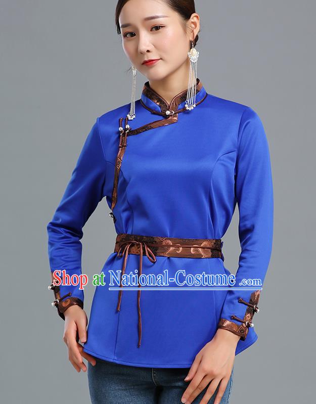 Traditional Chinese Ethnic Royalblue Blouse Woman Apparels Mongol Minority Upper Outer Garment Mongolian Nationality Informal Costume