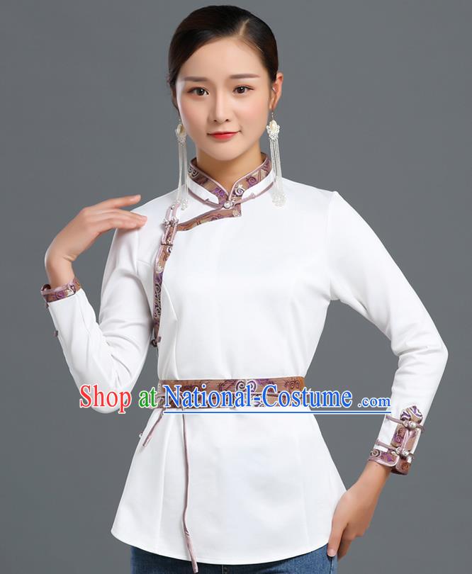 Traditional Chinese Ethnic White Blouse Woman Apparels Mongol Minority Upper Outer Garment Mongolian Nationality Informal Costume