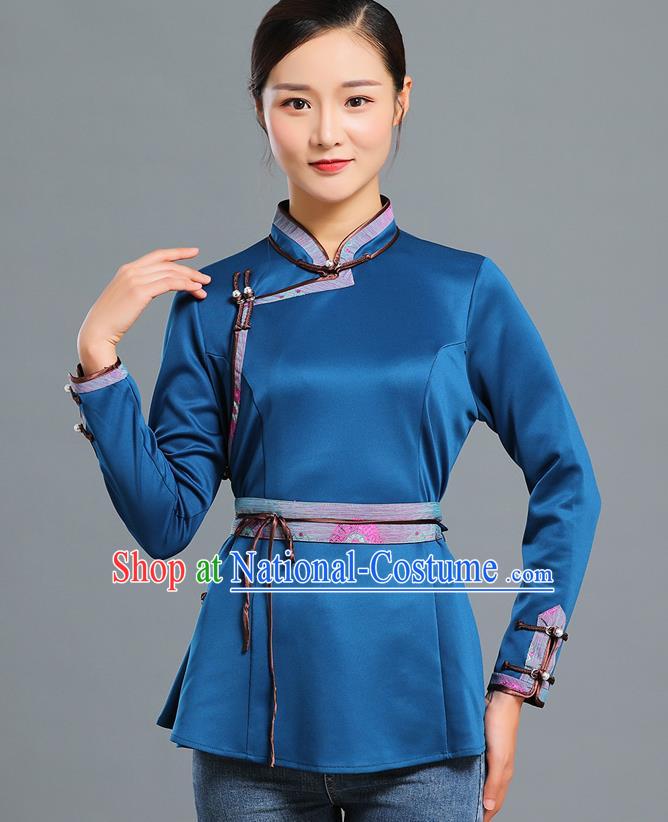 Traditional Chinese Ethnic Peacock Blue Blouse Woman Apparels Mongol Minority Upper Outer Garment Mongolian Nationality Informal Costume