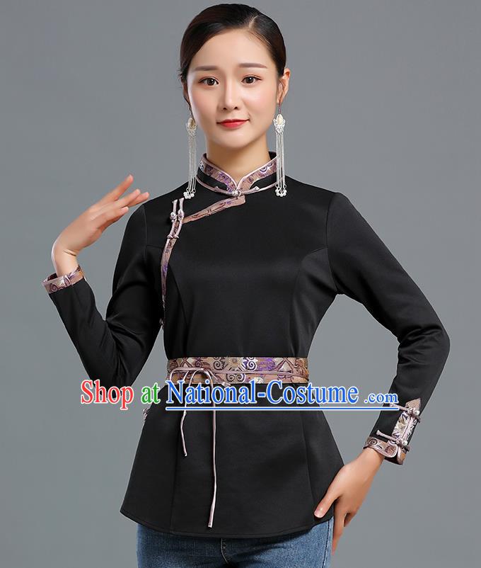 Traditional Chinese Ethnic Black Blouse Woman Apparels Mongol Minority Upper Outer Garment Mongolian Nationality Informal Costume