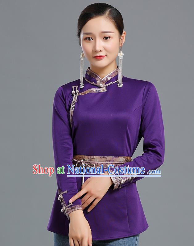 Traditional Chinese Ethnic Purple Blouse Woman Apparels Mongol Minority Upper Outer Garment Mongolian Nationality Informal Costume