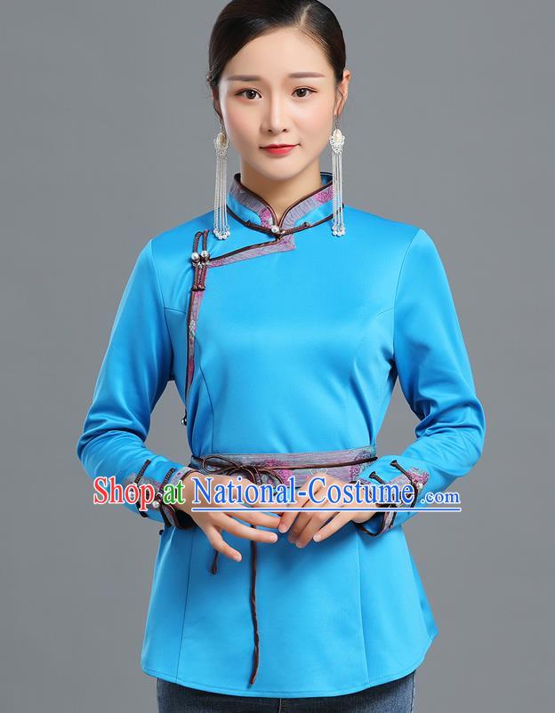 Traditional Chinese Ethnic Blue Blouse Woman Apparels Mongol Minority Upper Outer Garment Mongolian Nationality Informal Costume