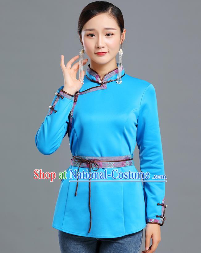 Traditional Chinese Ethnic Blue Blouse Woman Apparels Mongol Minority Upper Outer Garment Mongolian Nationality Informal Costume