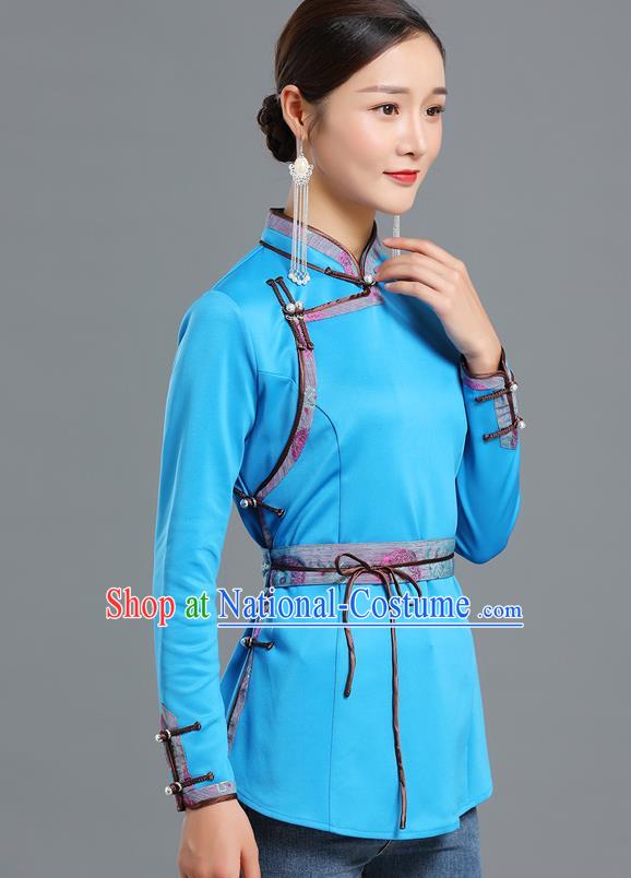 Traditional Chinese Ethnic Blue Blouse Woman Apparels Mongol Minority Upper Outer Garment Mongolian Nationality Informal Costume