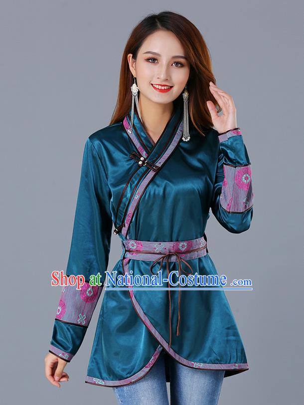 Traditional Chinese Ethnic Woman Dark Green Blouse Apparels Mongol Minority Upper Outer Garment Mongolian Nationality Informal Costume