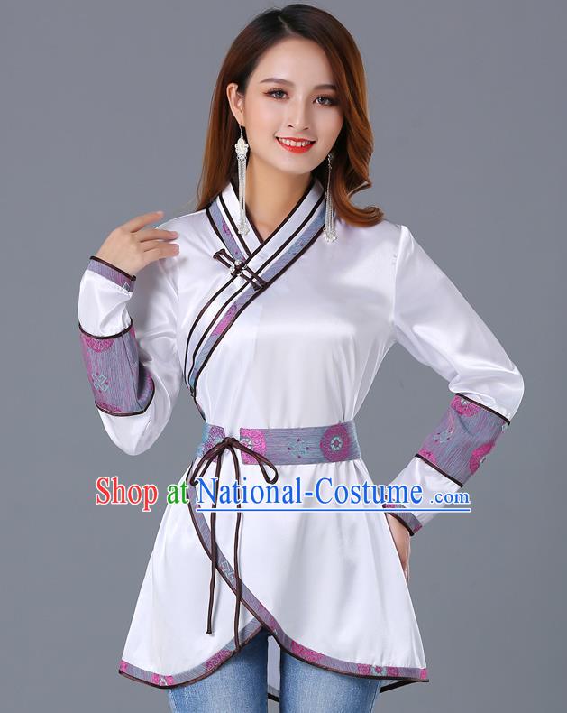 Traditional Chinese Ethnic Woman White Blouse Apparels Mongol Minority Upper Outer Garment Mongolian Nationality Informal Costume