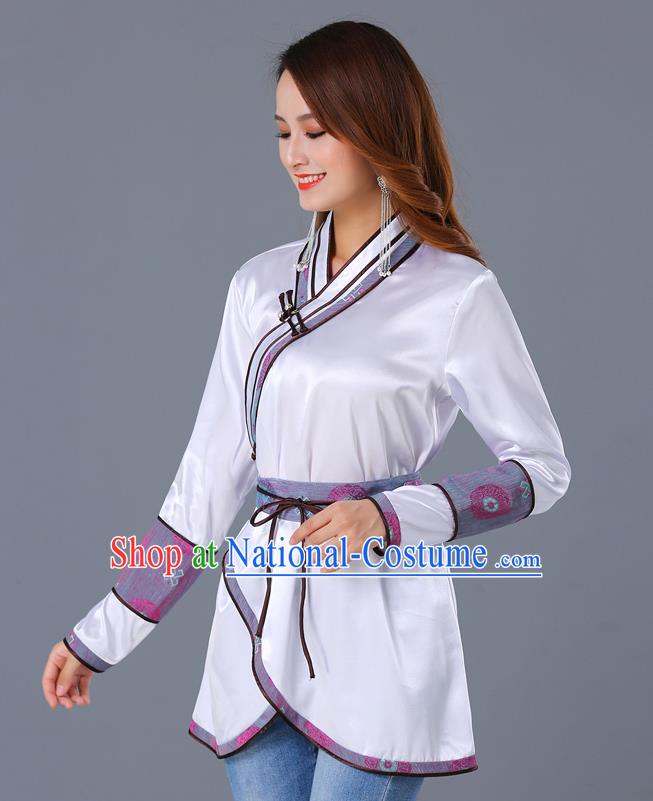 Traditional Chinese Ethnic Woman White Blouse Apparels Mongol Minority Upper Outer Garment Mongolian Nationality Informal Costume