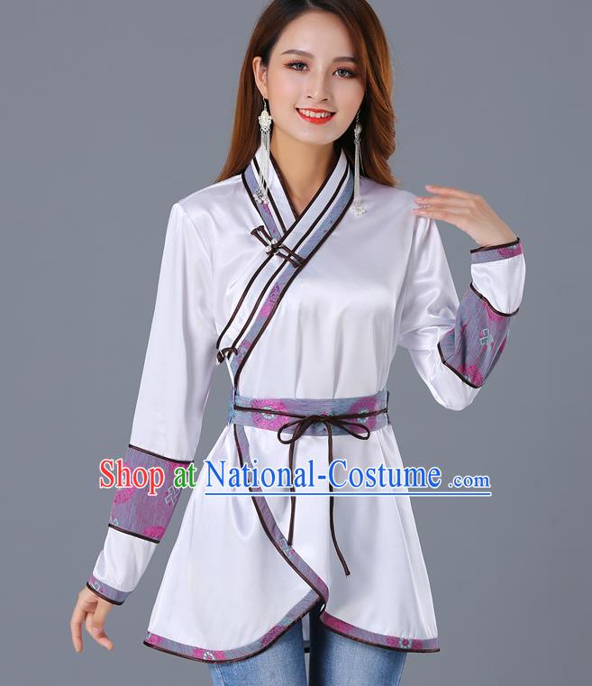 Traditional Chinese Ethnic Woman White Blouse Apparels Mongol Minority Upper Outer Garment Mongolian Nationality Informal Costume