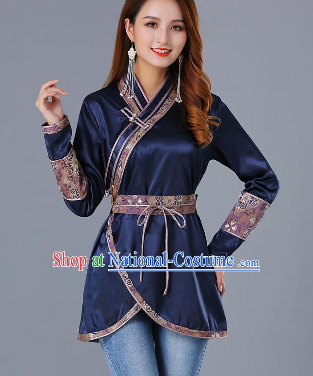 Traditional Chinese Ethnic Woman Navy Blouse Apparels Mongol Minority Upper Outer Garment Mongolian Nationality Informal Costume