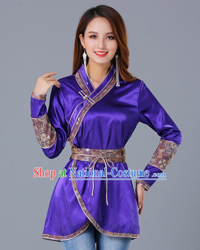 Traditional Chinese Ethnic Woman Purple Blouse Apparels Mongol Minority Upper Outer Garment Mongolian Nationality Informal Costume