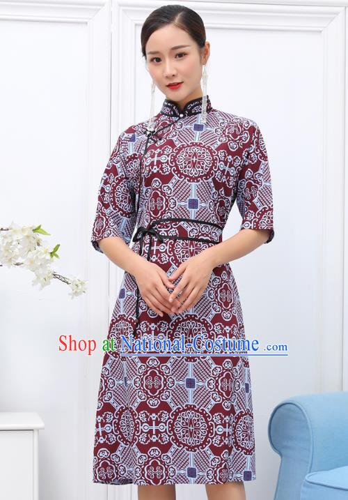 Traditional Chinese Ethnic Woman Wine Red Dress Mongol Minority Garment Costume Mongolian Nationality Informal Apparels