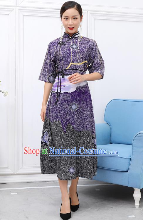 Traditional Chinese Ethnic Purple Chiffon Dress Mongol Minority Garment Costume Mongolian Nationality Informal Apparels for Woman