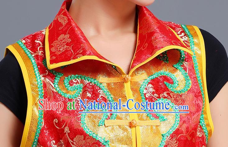 Traditional Chinese Mongol Ethnic Red Brocade Vest Minority Garment Costume Mongolian Nationality Informal Waistcoat Apparels for Woman