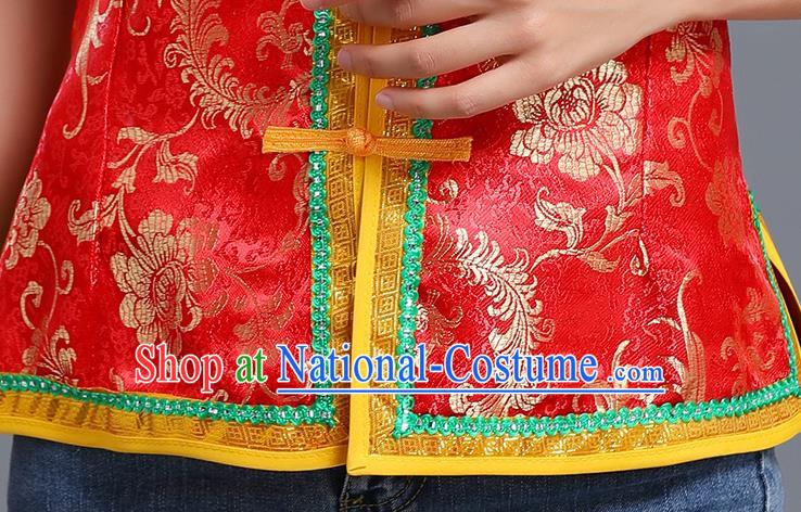 Traditional Chinese Mongol Ethnic Red Brocade Vest Minority Garment Costume Mongolian Nationality Informal Waistcoat Apparels for Woman