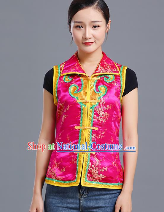 Traditional Chinese Mongol Ethnic Rosy Brocade Vest Minority Garment Costume Mongolian Nationality Informal Waistcoat Apparels for Woman