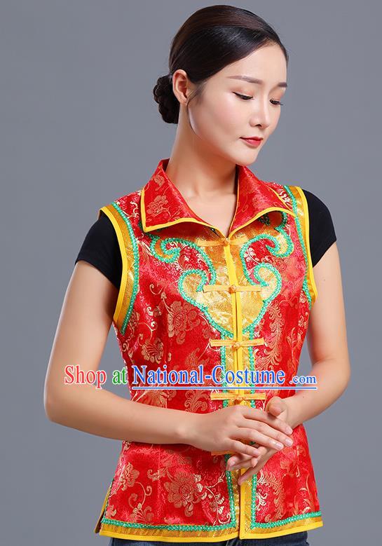 Traditional Chinese Mongol Ethnic Red Brocade Vest Minority Garment Costume Mongolian Nationality Informal Waistcoat Apparels for Woman